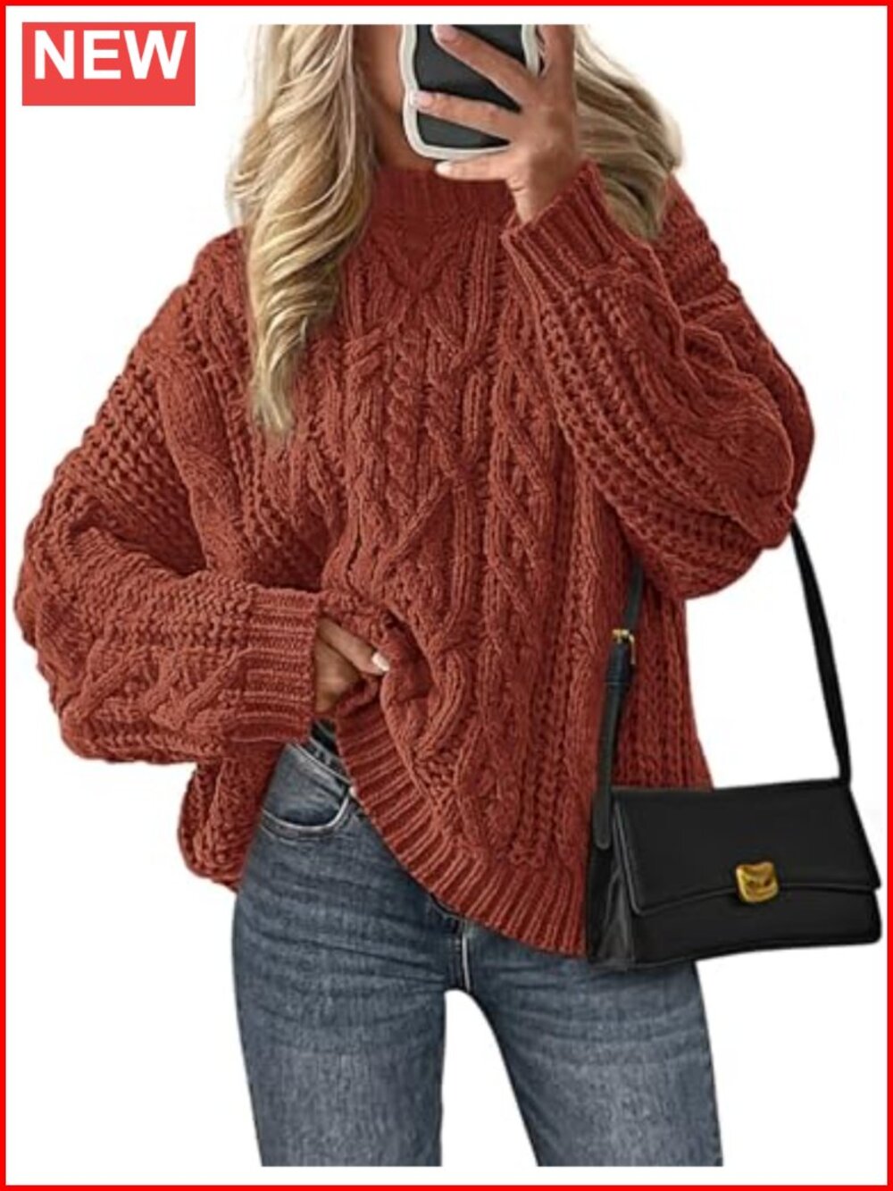 Oversized Chunky Cable Knit Pullover Sweater Crew Neck Long